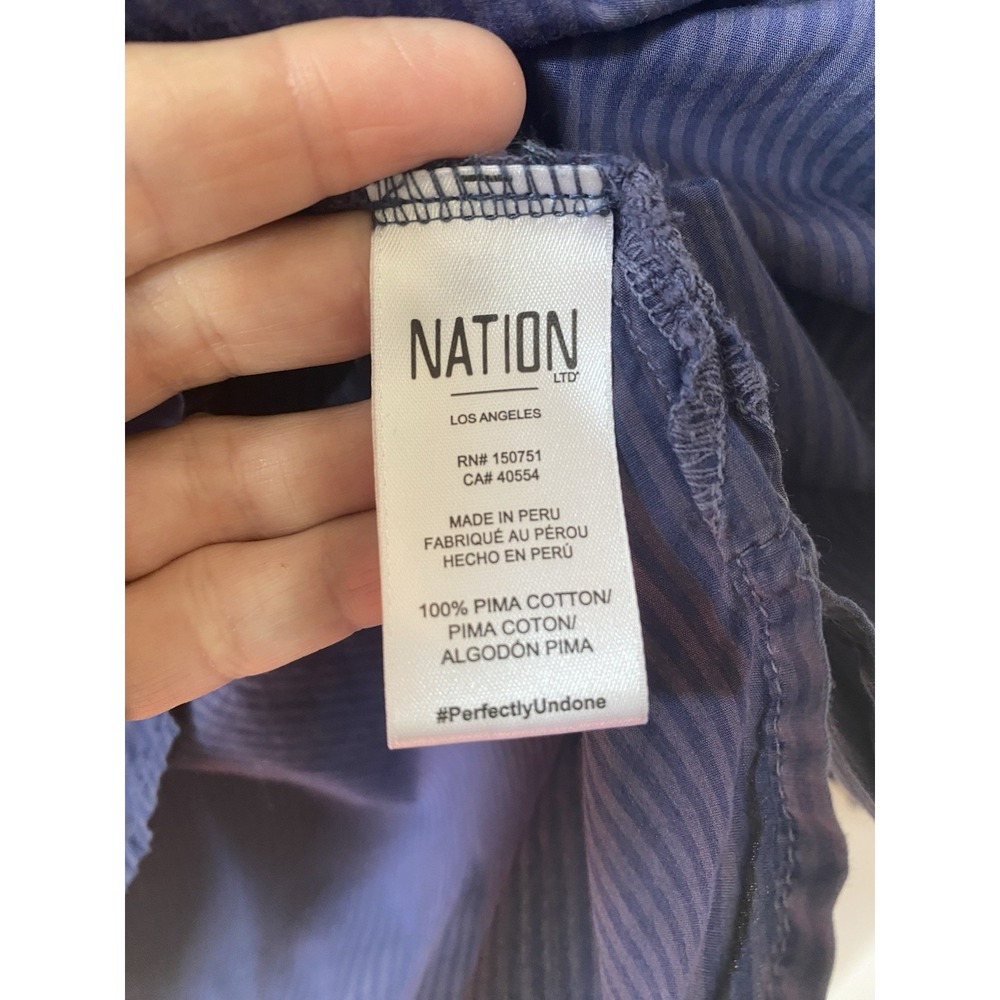 NATION LTD Estelle Poplin Peasant Blouse SMALL Blue Striped Pima Smocked Cuff - Picture 6 of 7